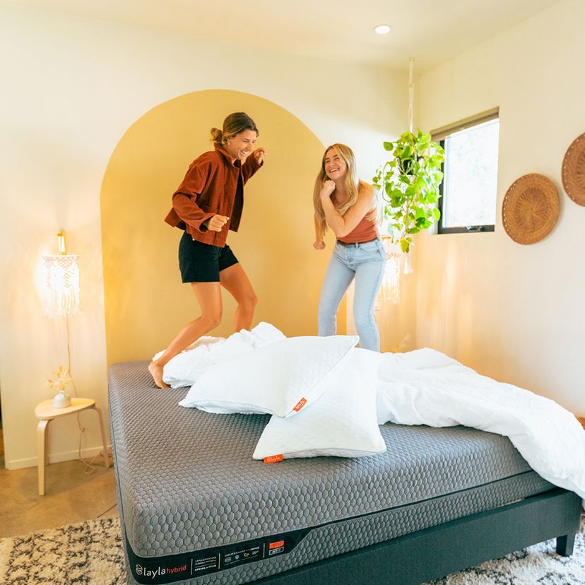 Friends Playing on Layla Hybrid Mattress